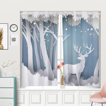 Simple small floating curtain shading bedroom free from punching mounting curtain half-curtain short curtain short window free of installation telescopic rod cloth