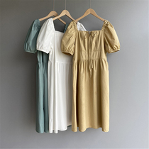 2021 summer new Korean bubble sleeve lace-up loose short sleeve dress slim square collar high waist Medium-length dress