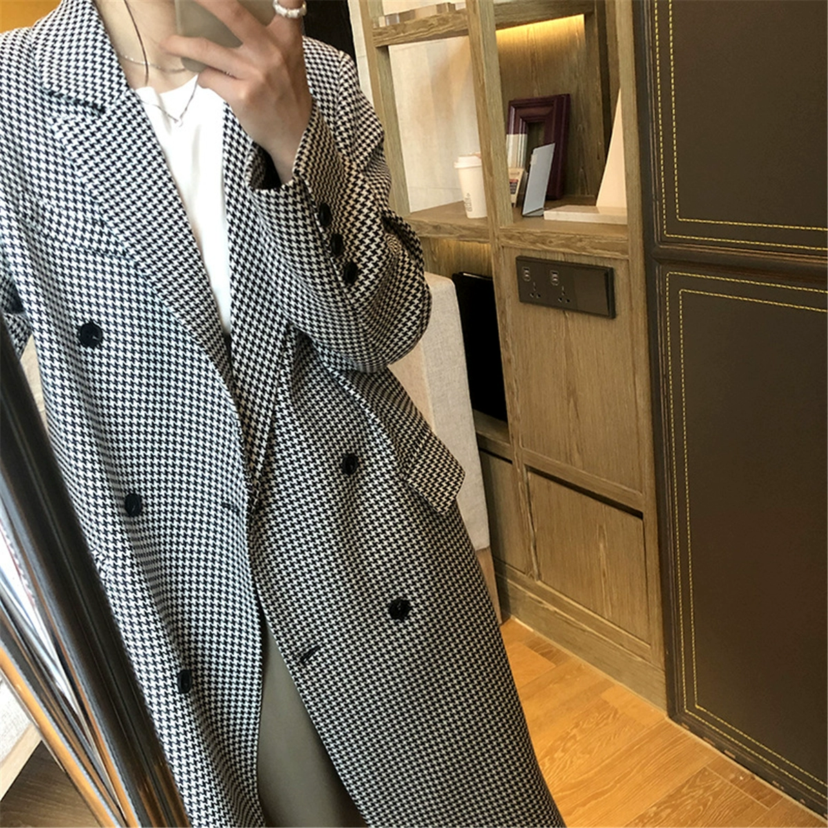 long down coat New Spring Autumn Ladies Woolen Coat Fashionable Temperament Houndstooth Coat Outdoor Leisure Mid-length Windbreaker white bubble coat