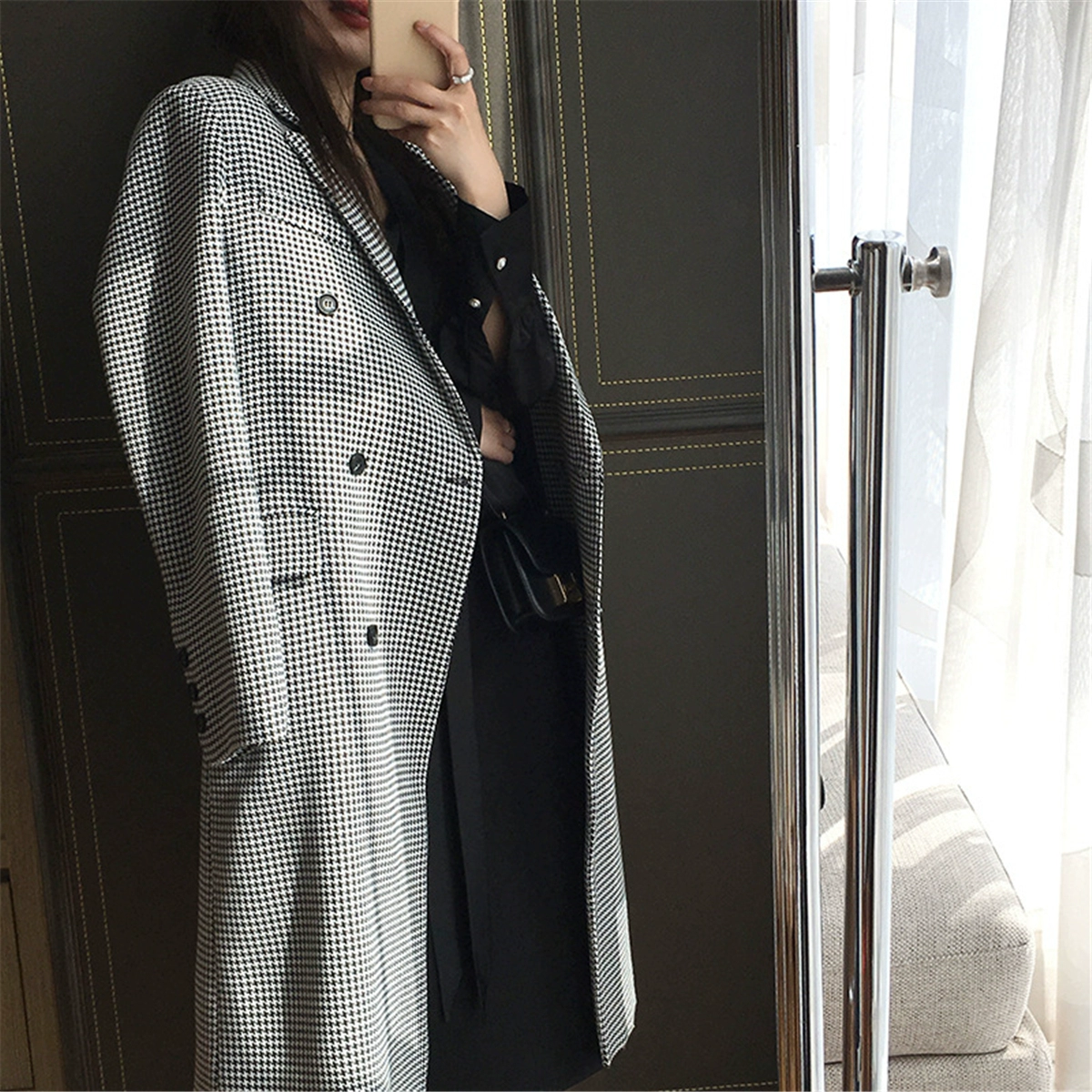 long down coat New Spring Autumn Ladies Woolen Coat Fashionable Temperament Houndstooth Coat Outdoor Leisure Mid-length Windbreaker white bubble coat