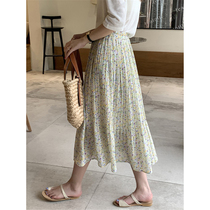 Pleated floral skirt womens 2021 summer new Korean loose elastic waist sweet high waist long skirt chiffon skirt