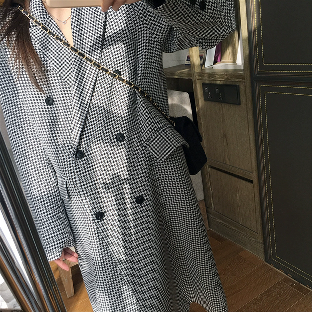 long down coat New Spring Autumn Ladies Woolen Coat Fashionable Temperament Houndstooth Coat Outdoor Leisure Mid-length Windbreaker white bubble coat