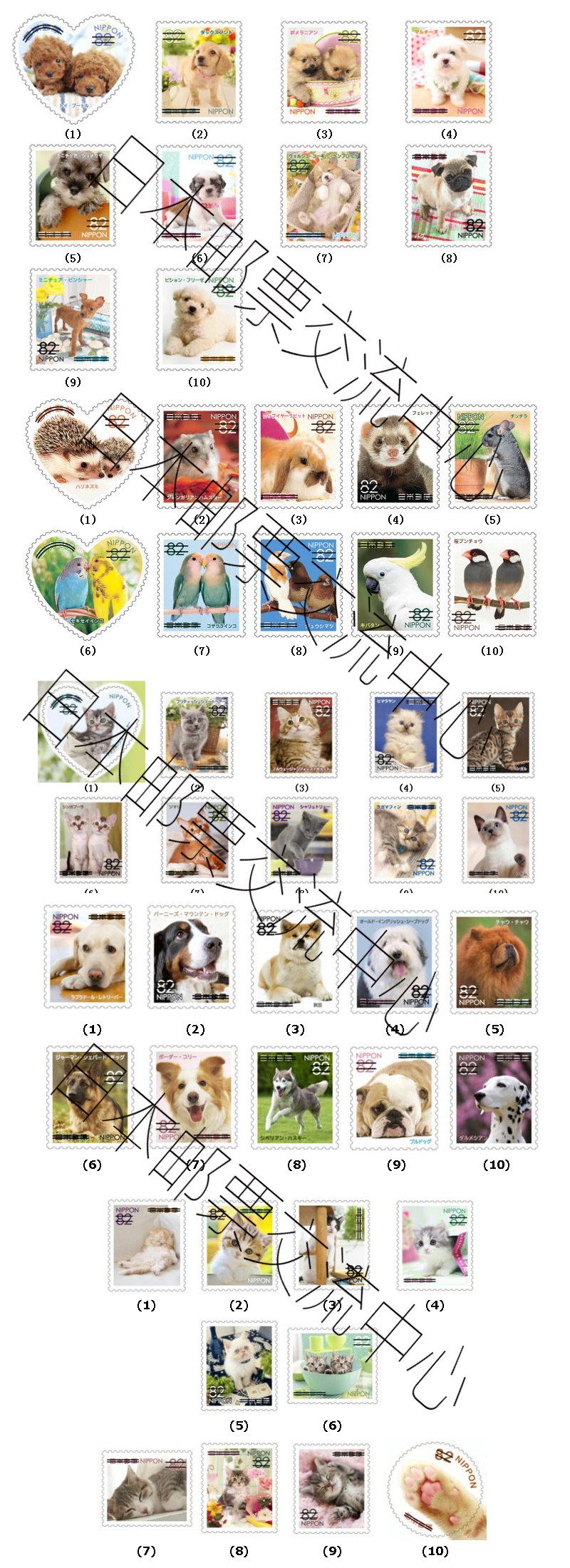 Japanese letdown stamps-the small animals around them -82 round 50 full-dog cat parrot hamster rabbit hedgehog