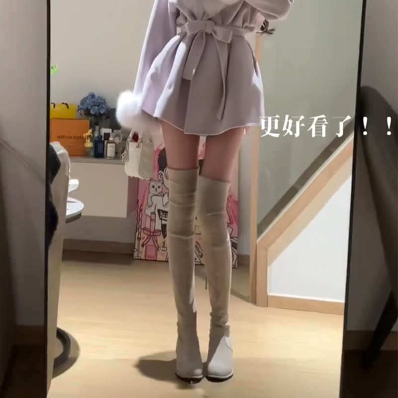 Xiaopan's Women's Shoes~ Recommended by Xiaohongshu Bloggers~ Beige Over-The-Knee Boots 5050 Stretch European Long Boots