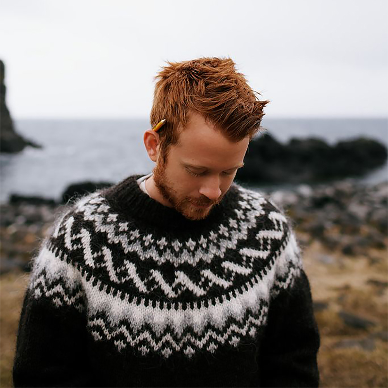 Handmade Icelandic Sweater, Loose Fit, Couple Style, Black Vintage Men's Fair Isle Sweater, Wool Thick Yarn, Japanese Style Knitted Jacket
