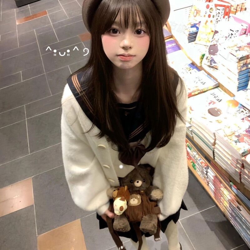 Jk Uniform Autumn Mink Velvet Gentle Style Plush Knitted Cardigan Lazy Loose Sweater Coat Women's Mid-Length Style