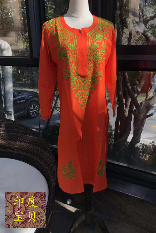 Indian Imported Women's Full-Length Cotton Embroidered Colorful Long Dress with Side Slit, Exotic Style, Knee-Length