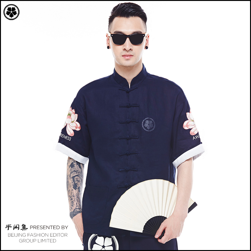 Chinese style linen men's clothing, summer fashion, hip-hop embroidery, Tang suit, lotus flower, mindfulness, half-leisure collection, button-down top coat