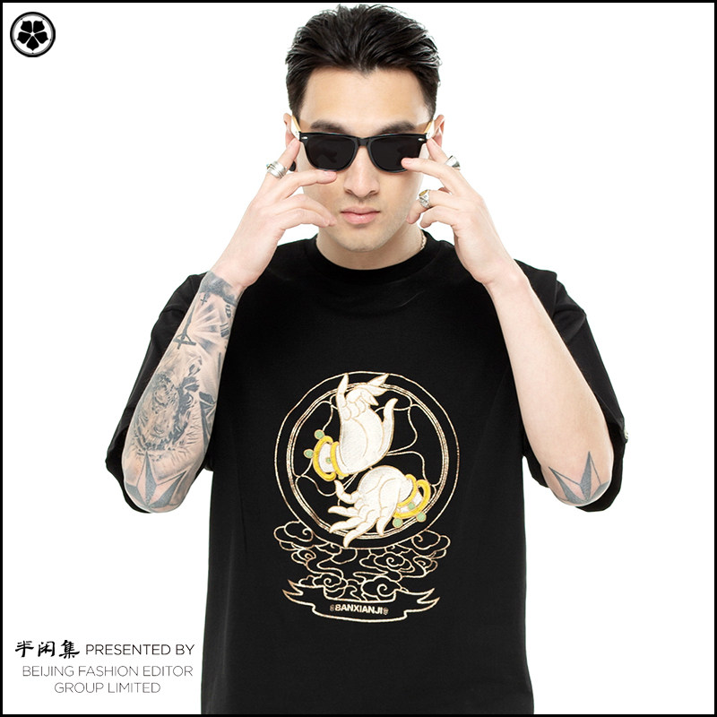 Semi - idle embroidery t - shirt Chinese Feng Buddha fashion hip hop trend round cotton menswear summer short sleeve shirt