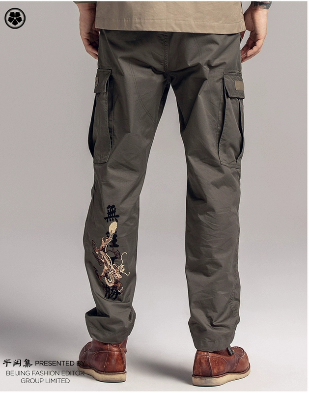Bộ đồ bán nguyệt rồng thêu quần yếm Thời trang hip hop cotton nhẹ mid-thun siêu nhỏ túi quần kiểu Trung Quốc quần sooc túi hộp