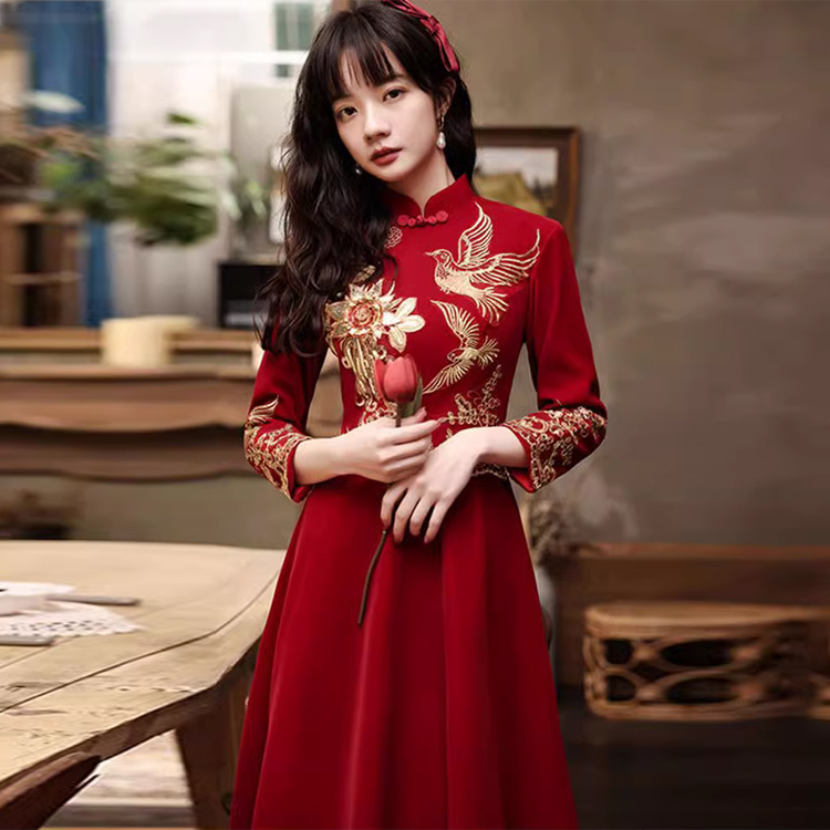 Plus-Size Pregnant Women's Burgundy Chinese-Style Modified Cheongsam Toast Dress, Bride's High-Waisted Belly-Covering Wedding Dress