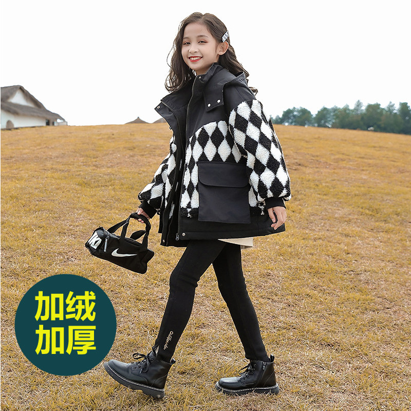 Girls' down padded jacket autumn and winter clothes 2022 new middle and big children's school overcoming fashionable lamb wool plus velvet jacket winter