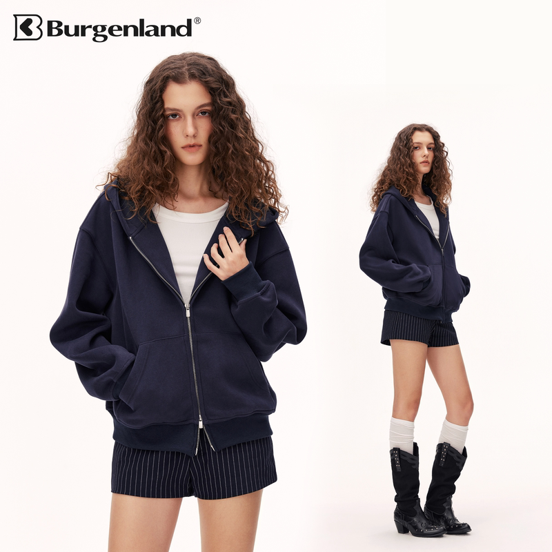 Burgenland Heavy-Duty Double-Zip Cardigan Jacket for Women, Short Style, Autumn Vintage Loose Hoodie Sweatshirt