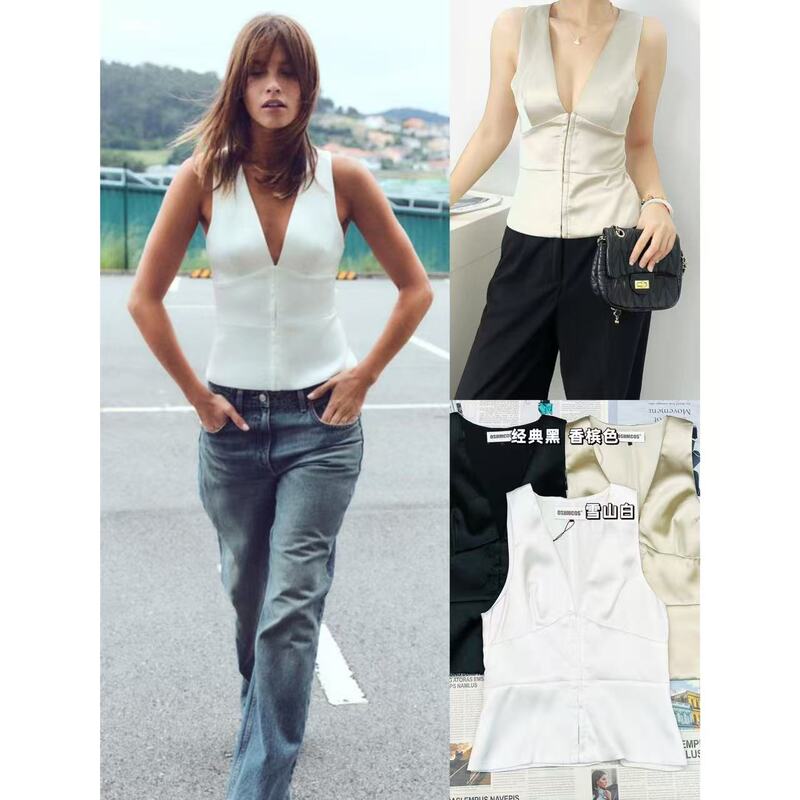 06.17 New Product Spanish Z High-End Commuting Style Simple Silk Satin Texture V-Neck Waist-Cinching Sleeveless Versatile Top