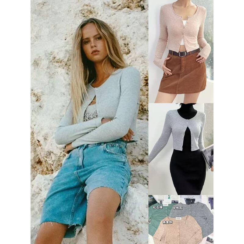 Oohome New Product Spanish Z American Style Casual Versatile Button-Down Round Neck Long-Sleeve Short Knit Cardigan Top