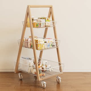 实小推车客厅可移动储物架带轮零食架多层收纳架中古风果蔬置物架