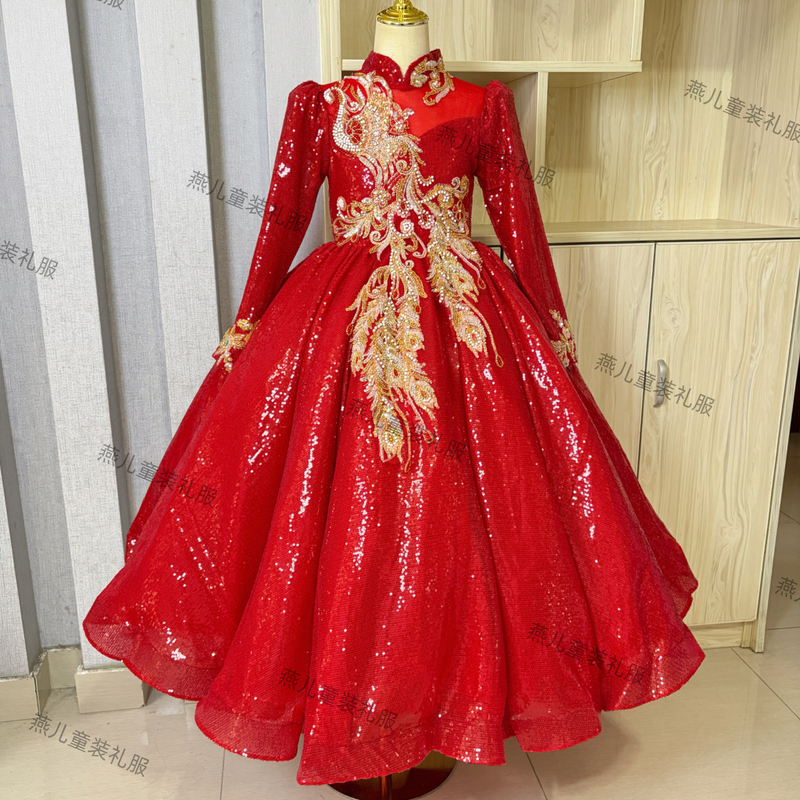 Red Long-Sleeved Sequined Girls' Dress, Kidsren's Host Piano Performance Dress, Spring Festival Gala Birthday Princess Dress, Flower Girl Dress
