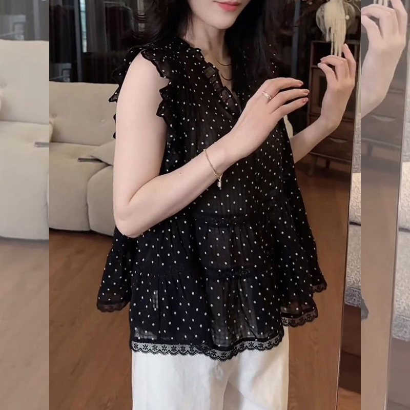 Black Polka Dot Ruffled Sleeveless Blouse for Women, Summer 2025 New Style, Sweet and Youthful, Very Pretty Top