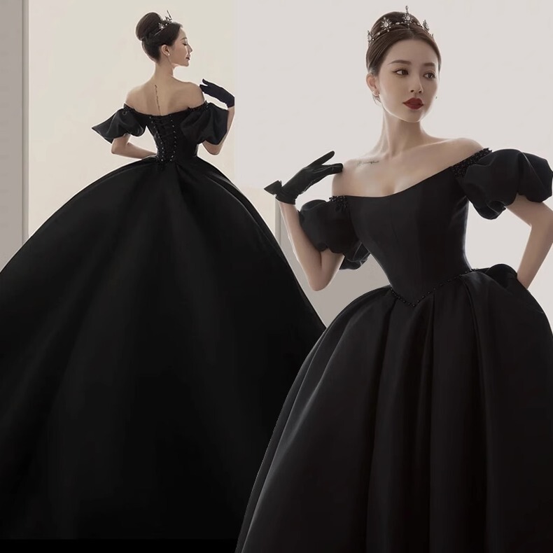 Evening Dress Banquet New Style Photo Studio Theme Clothing Black Travel Photography Photo Shoot Dress Puffy Skirt Satin