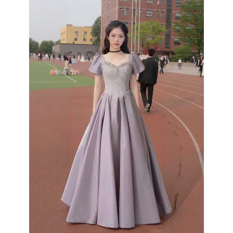 Evening Dress for Choir Performance Stage, High-End Puff Sleeves, Elaborate Craftsmanship, Student Art Exam, Coming-Of-Age Ceremony, Host, Satin Evening Dress for Choir Performance Stage, High-End Puff Sleeves, Elaborate Craftsmanship, Student Art Exam, Coming-Of-Age Ceremony, Host, Satin