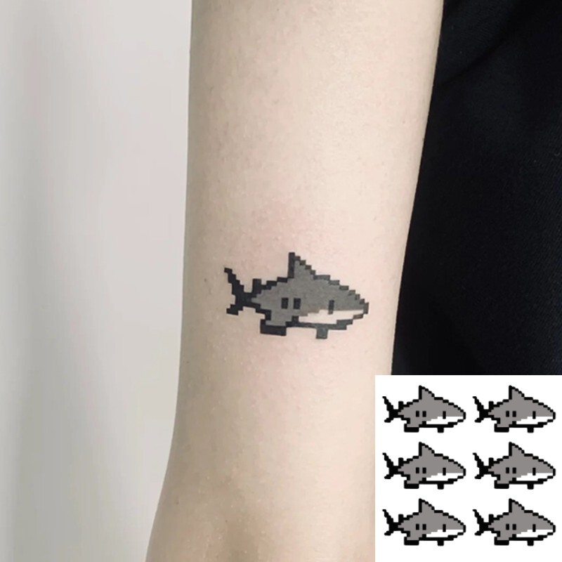 ins Cute Pixel Little Shark Tattoo Stickers, Realistic Waterproof Long-Lasting Student Style for Men and Women, High-End Feel for Arms