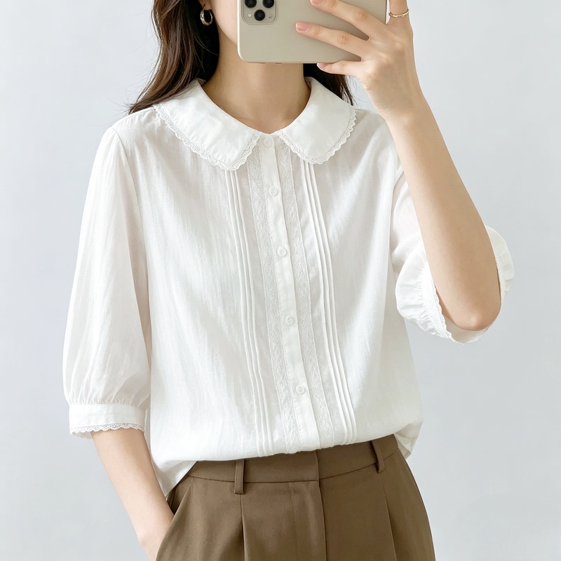 French-Style Artistic Lace Doll Collar Mid-Sleeve Shirt for Women, Summer Wear, Soft, Skin-Friendly, Breathable, Sweat-Absorbent, Pure Cotton Half-Sleeve Top French-Style Artistic Lace Doll Collar Mid-Sleeve Shirt for Women, Summer Wear, Soft, Skin-Friendly, Breathable, Sweat-Absorbent, Pure Cotton Half-Sleeve Top