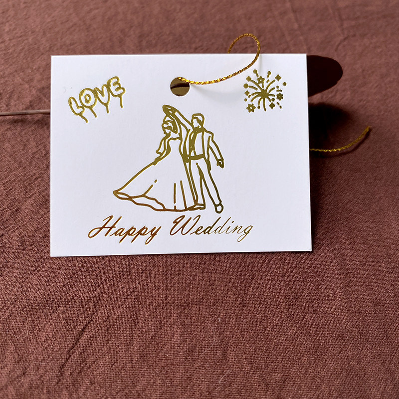 New wedding Happy Happy Wedding small hanging card perforated without punching 6 * 8cm bronzed wedding cake card