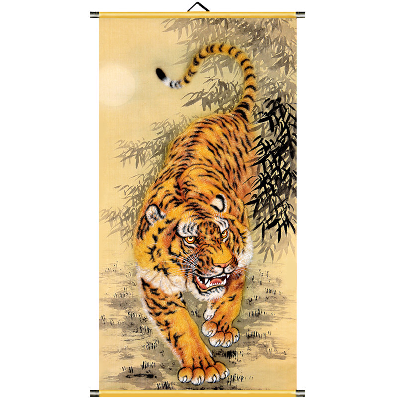 新中式風格猛虎下山布藝掛畫玄關鎮宅老虎捲軸畫裝飾畫-Taobao-Tmall