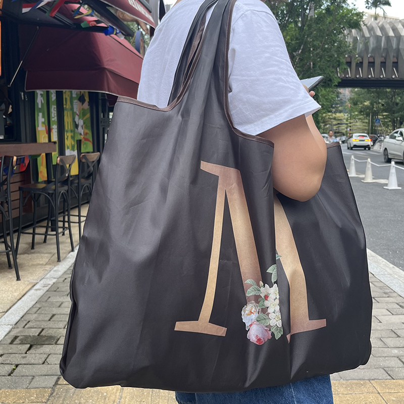 Solid Color Cloth Bag with Letter Print, Supermarket Eco-Friendly Foldable Shopping Bag, Shoulder Bag, Travel Clothing Storage Bag