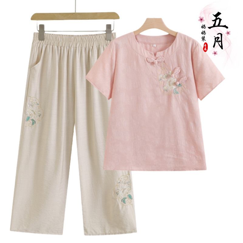 Middle-Aged Mother's Summer Women's Clothing Pure Cotton Top Retro Suit Women's Summer Middle-Aged and Elderly Chinese Style Short-Sleeved Fashionable Two-Piece Set