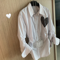 Lazy personality pleated line-up design hit black love shirt 2021 autumn new products stacked wearing stripe sunscreen shirt