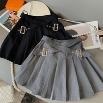 Reduced Age Display Slim Cross Buckle Design 100 Plexant Half Body Dress 2022 Spring New College Wind Black Grey High Waist A Character Dress Pants