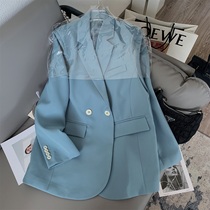 Handsome boyfriend Wind Large Edition Collision White Buckle Tide Suits 2022 into autumn New products Temperament Sky Blue Pure Color Medium Long Coat