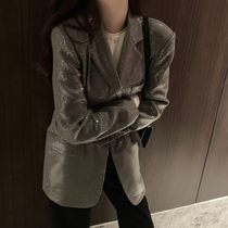 Fashionable trampoline bingbing sequins big suit women 2021 early spring new silver gray chords coat tide