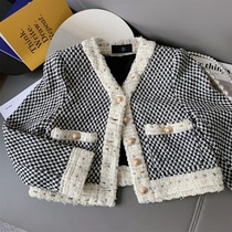 Fried Street Style V Collar Coarse Flowers Black & White Thousands Birds Gg Short Coat 2022 Spring Summer New Pint Texture Small Aroma Craze Suit
