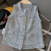 Soft and expensive blue series bright silk small balsamic wind horse chia 2022 autumn new product temperament 100 lap knitted heterochromatic coat