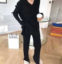 Temperament thin side split high waist wide leg pants set 2021 Winter new personality pit stripe thick cashmere sweater