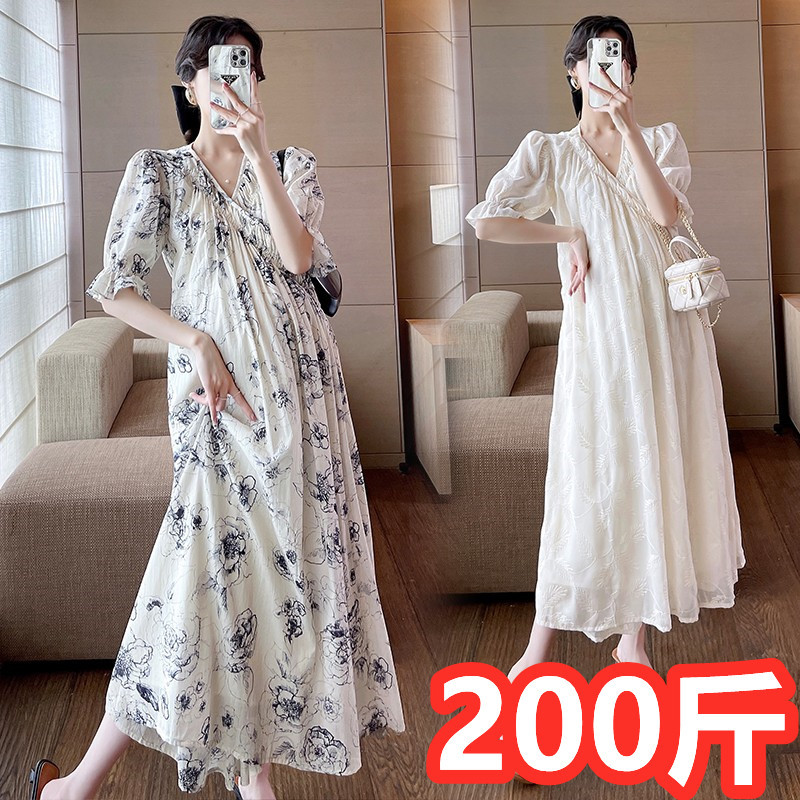 Extra Large Size Maternity Floral Dress, Summer Fashion One-Piece Nursing-Friendly Puff Sleeve Over-The-Knee Long Dress 100kg