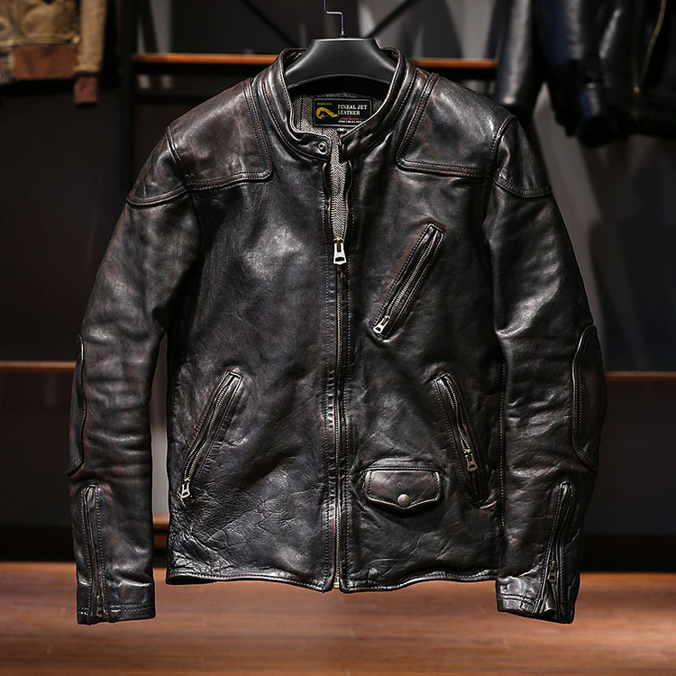 Venom Wax-Free First-Layer Horsehide Leather Stand-Up Collar Slim Short Biker Leather Jacket Men's Genuine Leather Coat