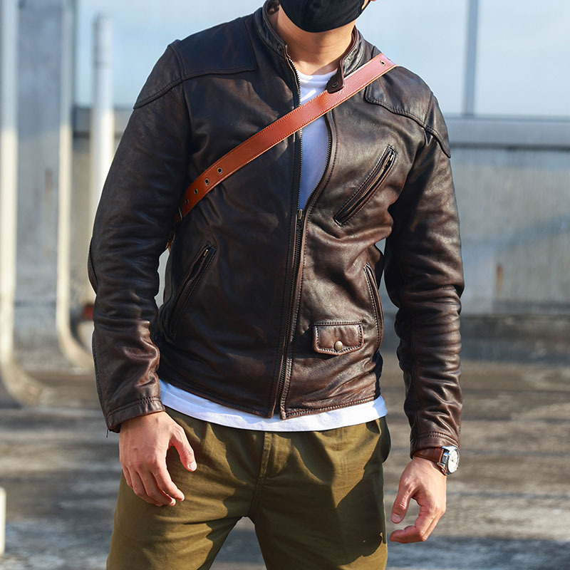 Xiao Chen Highly Recommends! Venom Uncoated Tea Core Horse Leather Distressed Stand Collar Slim Fit Biker Leather Jacket Men's Genuine Leather Jacket
