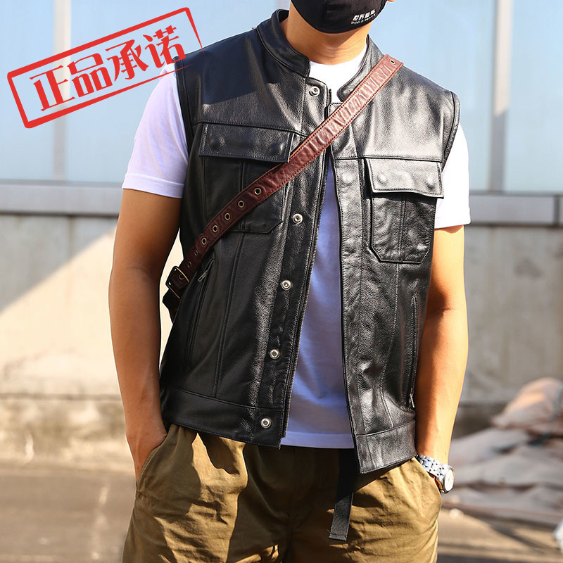 Special Offer Harley Motorcycle Genuine Leather Vest for Men, First Layer Cowhide Sons of Anarchy Stand Collar Slim Fit Leather Vest