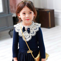 2022 childrens clothing new girls bottoming shirt Korean version cotton baby t-shirt princess lace round neck long-sleeved top trendy
