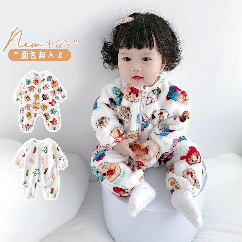 Spring style autumn and winter new male and female baby long climbing suit newborn flange suede warm and cute printed even body clothes