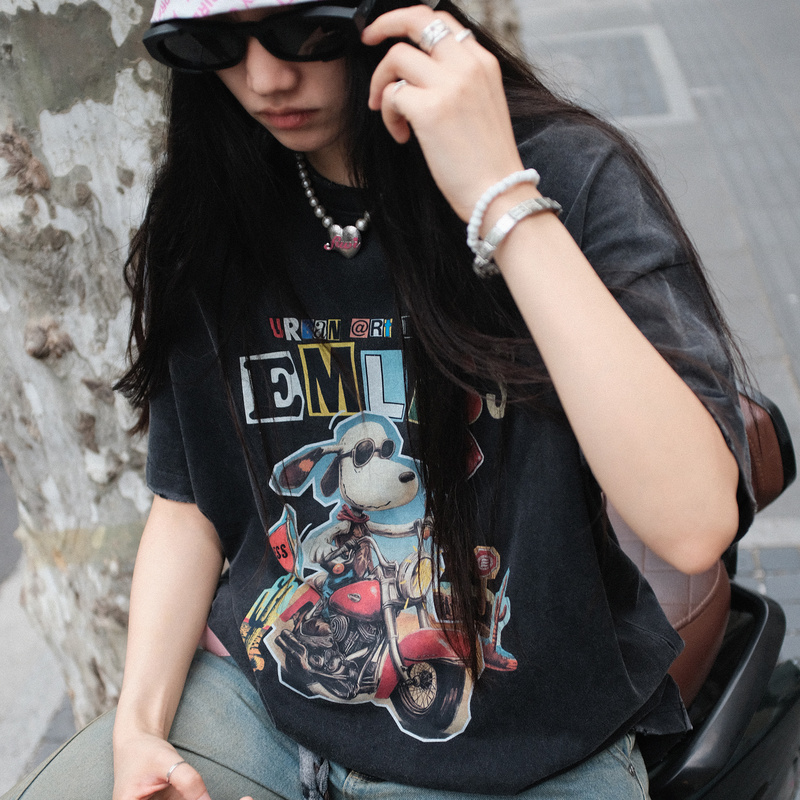 Emless Hahushao Series Snp Snoopy Print Heavy Horsehair Washed Brushed Distressed Short-Sleeve T-Shirt Retro Men's Emless Hahushao Series Snp Snoopy Print Heavy Horsehair Washed Brushed Distressed Short-Sleeve T-Shirt Retro Men's