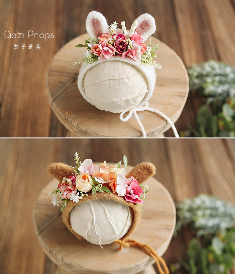 Small Rabbit small deer hat Ears Mori Department Flowers Styling Handmade Goat Felt Baby Photo Eggplant Newborn Props