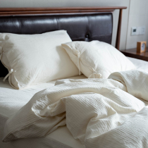 Japanese-style washed cotton jacquard lace-up with natural color four-piece set of solid color four seasons vintage Chinese bedding