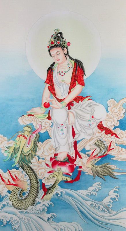 Riding the dragon Guanyin portrait hanging painting High-definition Buddha Guanshiyin Hall living room Chinese painting wall painting hanging image scroll fate
