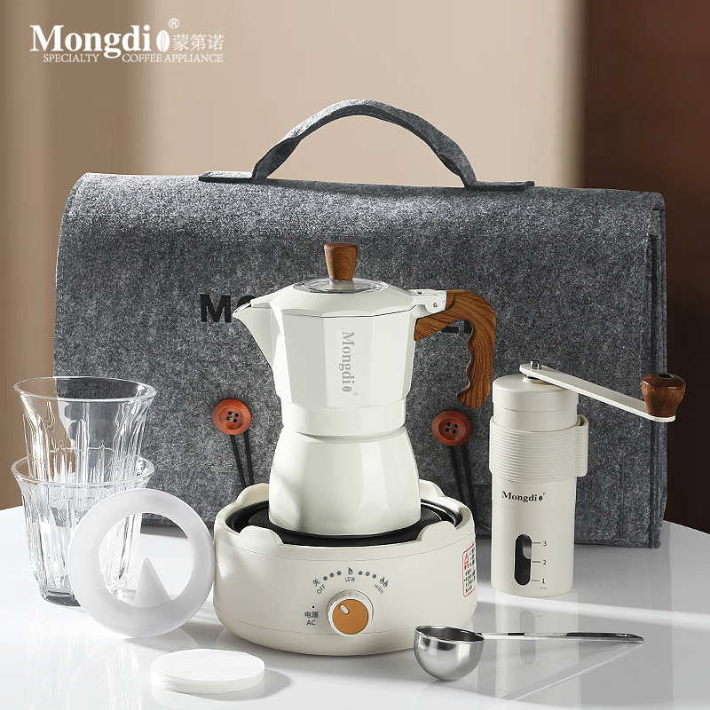 Mongdio Double-Valve Moka Pot Set Outdoor Camping Coffee Equipment Hand-Brewed Coffee Set Portable Storage Bag