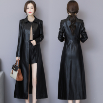 2019 autumn and winter New Haining leather women long knee Korean temperament slim leather windbreaker coat tide