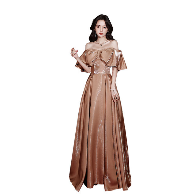 One-shoulder evening dress female 2022 new celebrity dress skirt high-end dress high-end banquet satin dress autumn